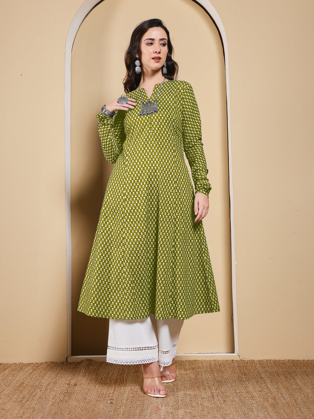 FIORRA Women’s Olive Green Floral Printed Anarkali Kurta